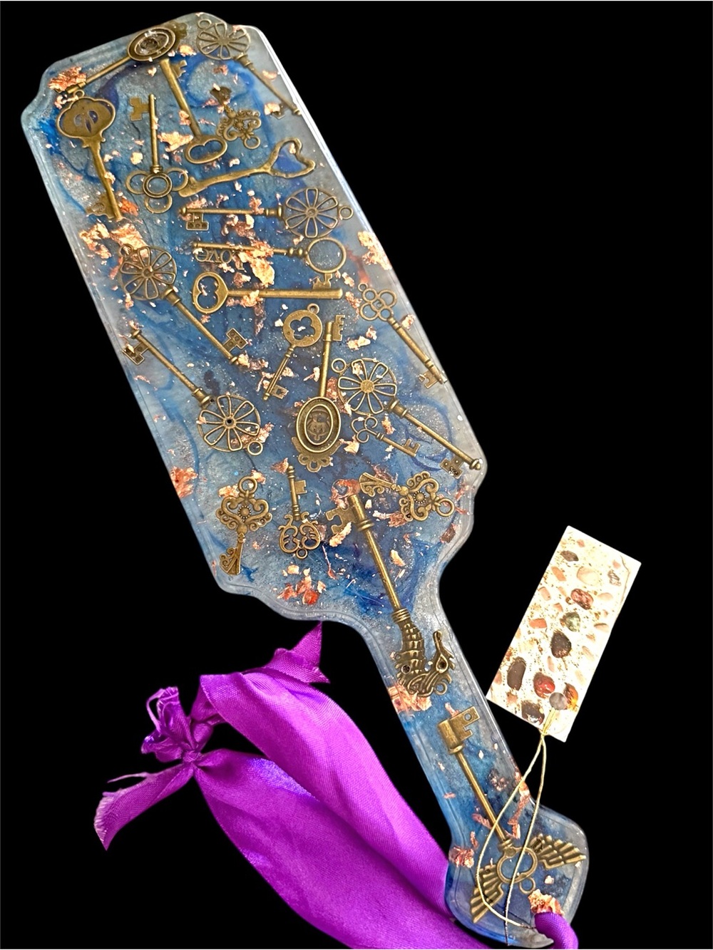 Handcrafted Blue Resin Paddle with Gold Key Embellishments